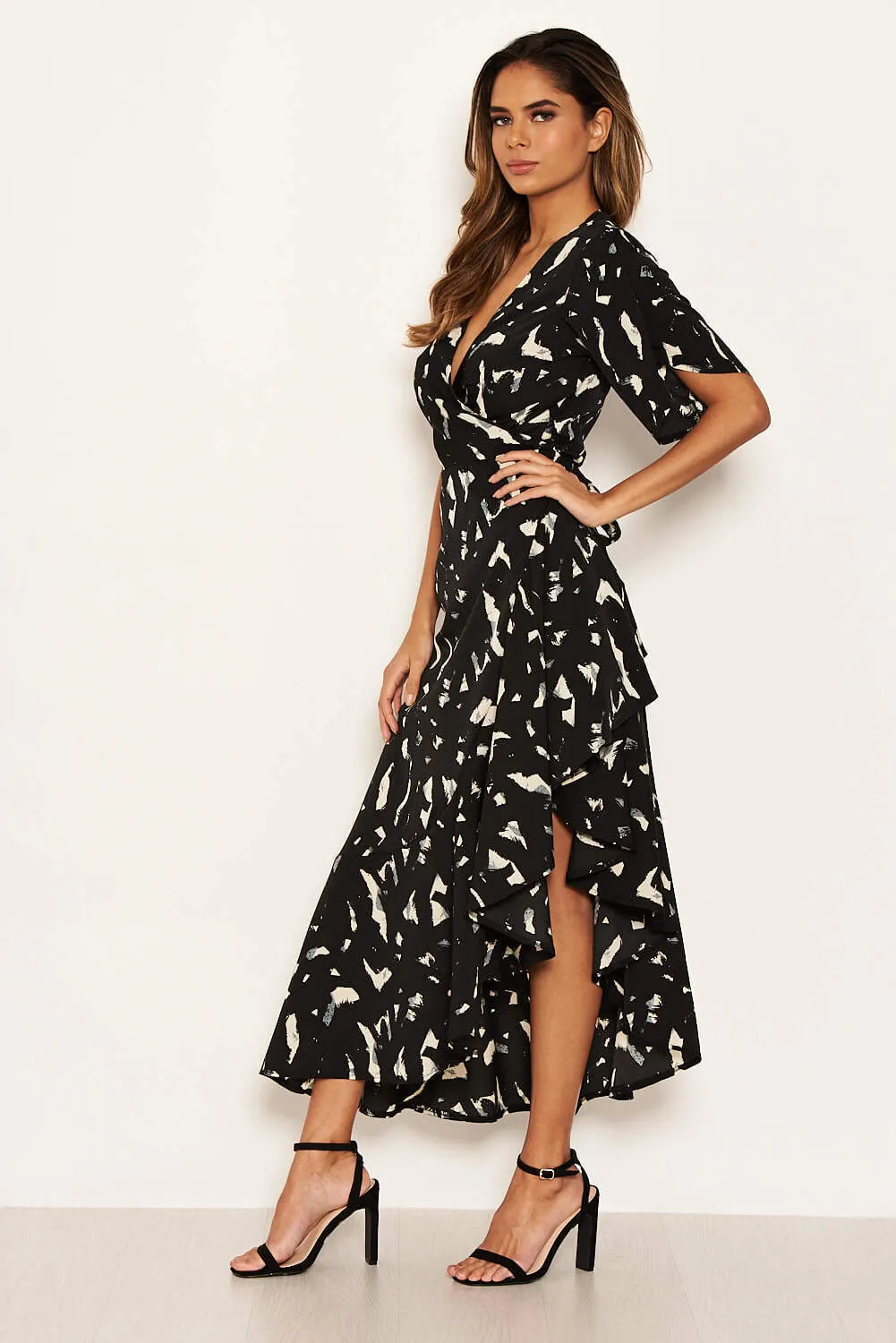 Black Printed Wrap Side Frill Dress sold by AX Paris product image thumbnail 3