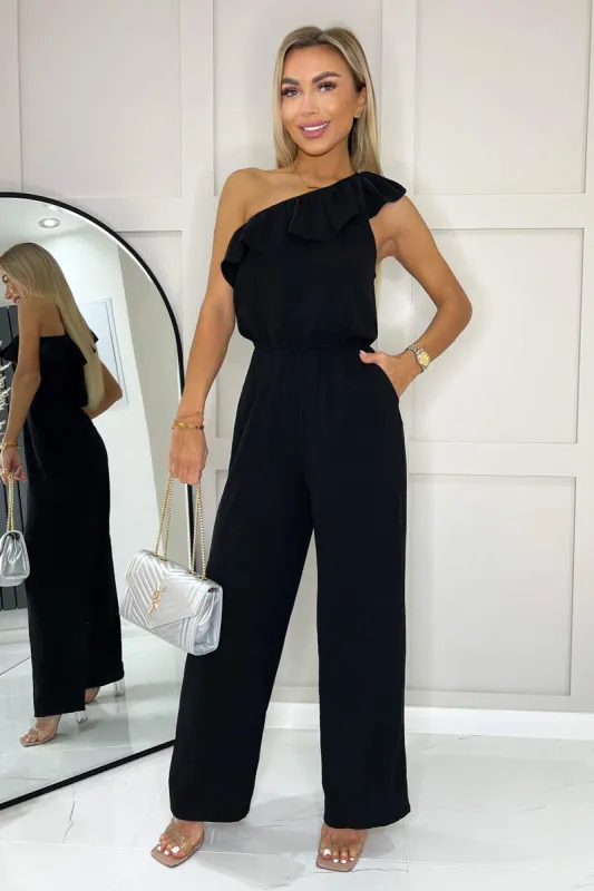 Black Frill One Shoulder Jumpsuit sold by AX Paris