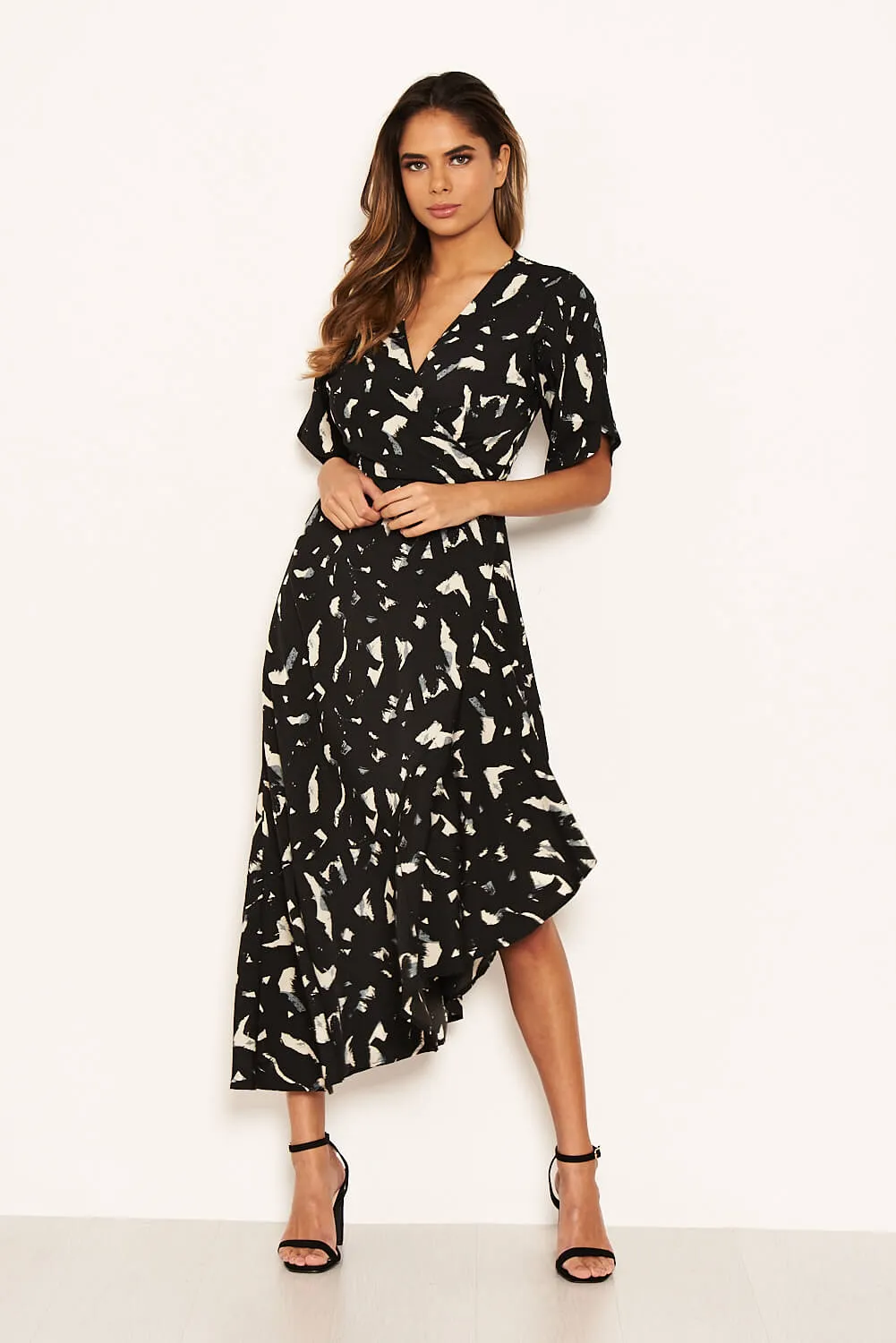 Black Printed Wrap Side Frill Dress sold by AX Paris