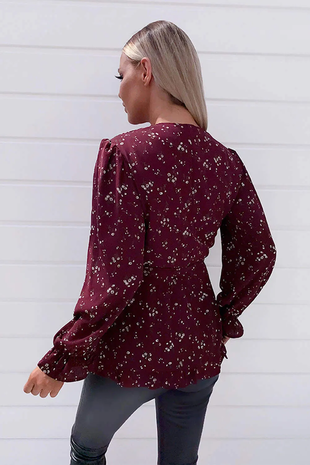Wine Floral Frill Wrap Top sold by AX Paris product image thumbnail 3