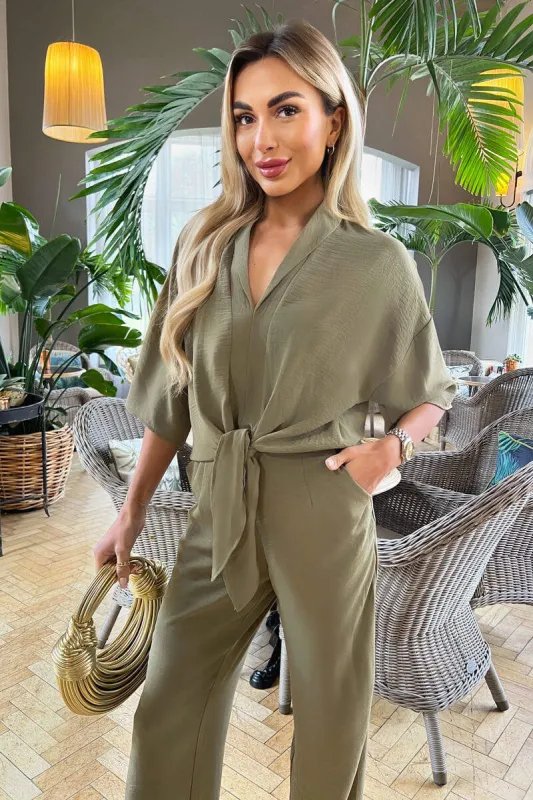 Khaki V-Neck Collar Tie Front Shirt sold by AX Paris