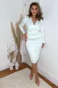Cream Satin Ruched V-neck Long Sleeve Midi Dress sold by AX Paris