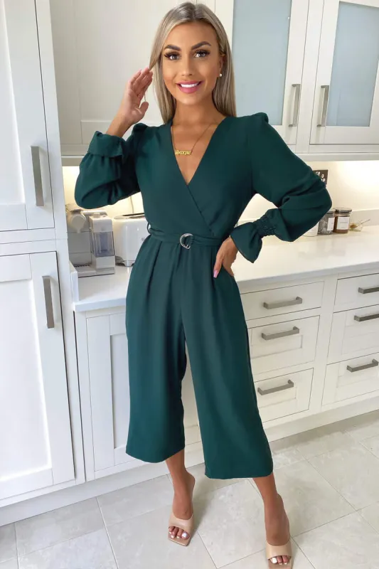 Teal Wrap Over Elasticated Cuff Belted Jumpsuit sold by AX Paris