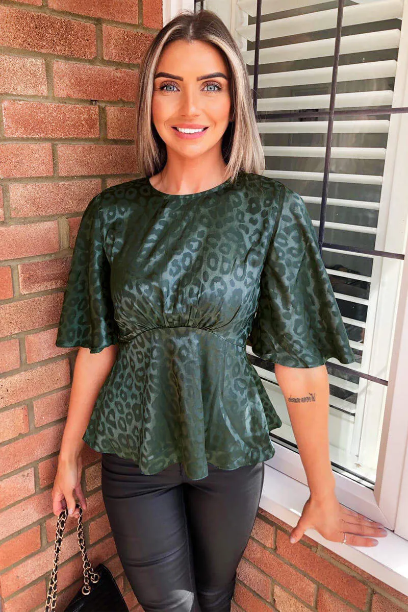 Teal Leopard Print Satin Flared Blouse sold by AX Paris
