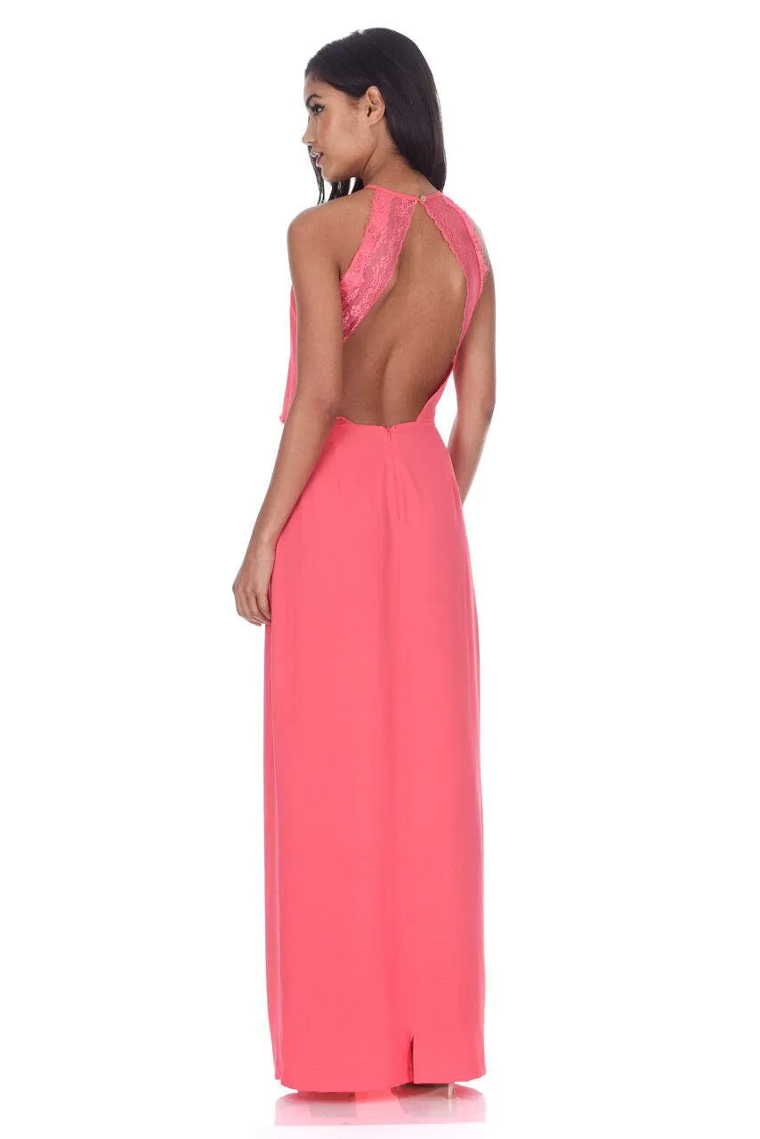 Coral Halterneck Strappy Lace Detail Maxi Dress sold by AX Paris product image thumbnail 3