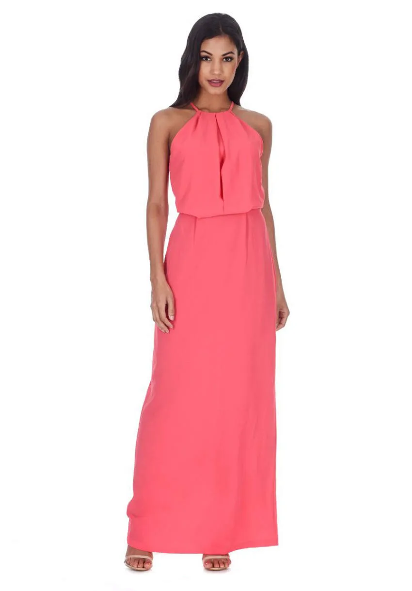 Coral Halterneck Strappy Lace Detail Maxi Dress sold by AX Paris