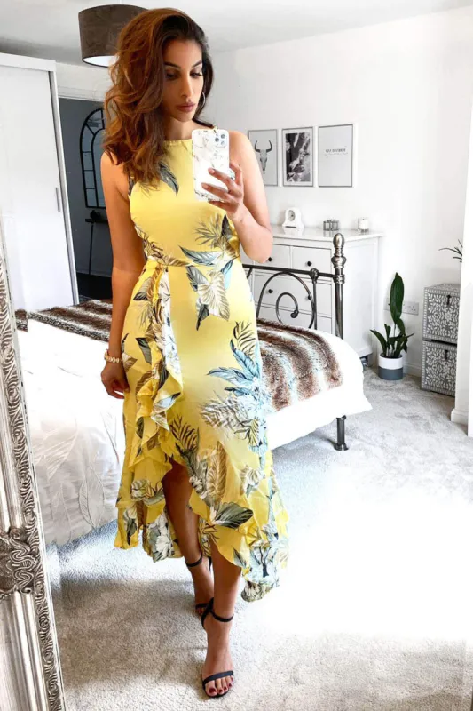 Yellow Frilled Floral Midi Dress with Side Slip sold by AX Paris
