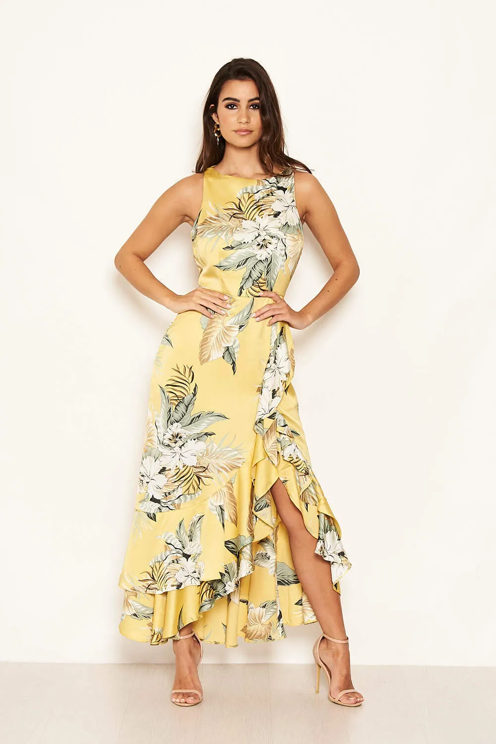 Yellow Frilled Floral Midi Dress with Side Slip sold by AX Paris product image thumbnail 2