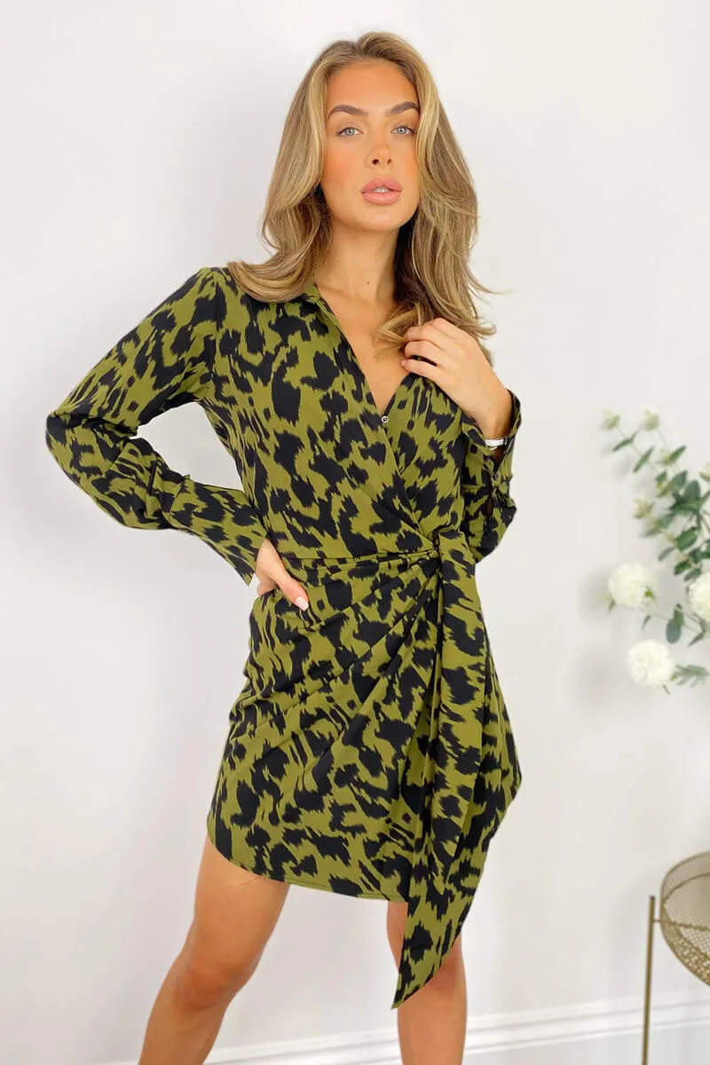 Khaki Tie Wrap Long Sleeve Mini Dress sold by AX Paris product image thumbnail 4