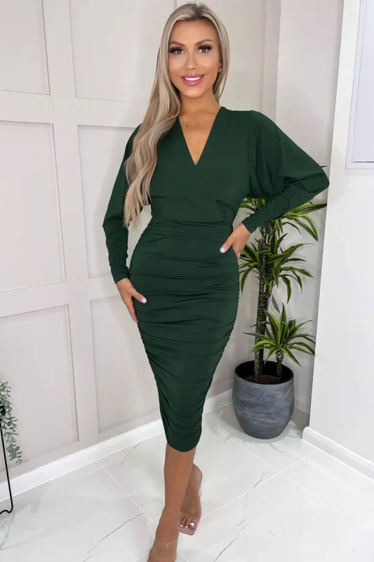 Forest Green Ruched Wrap Top Midi Dress sold by AX Paris