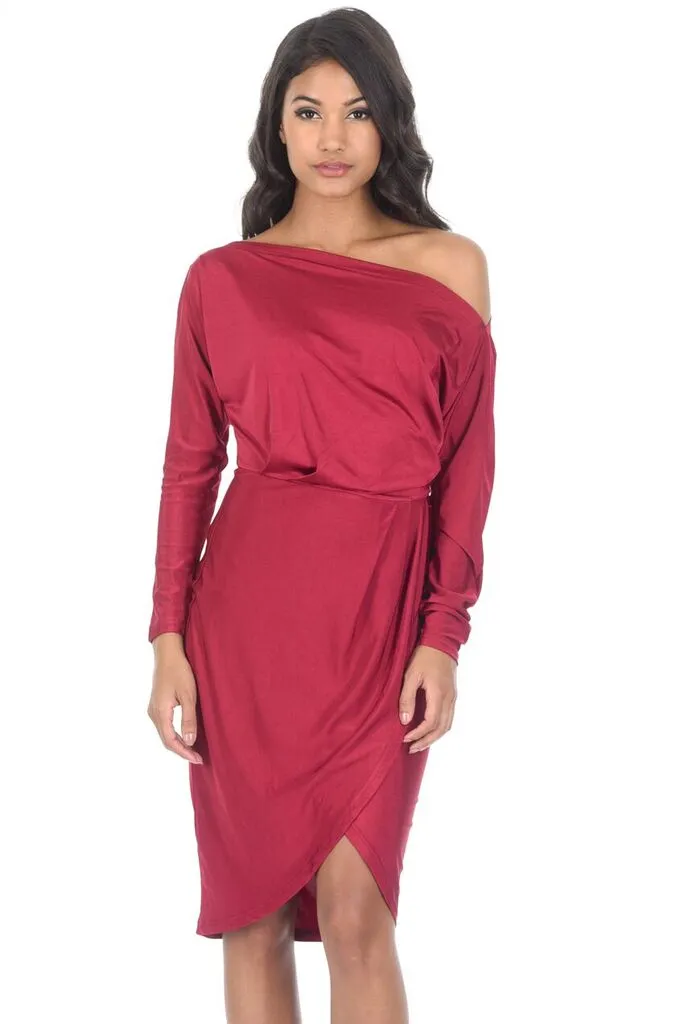 Wine Relaxed Shoulder Wrap Midi Dress sold by AX Paris
