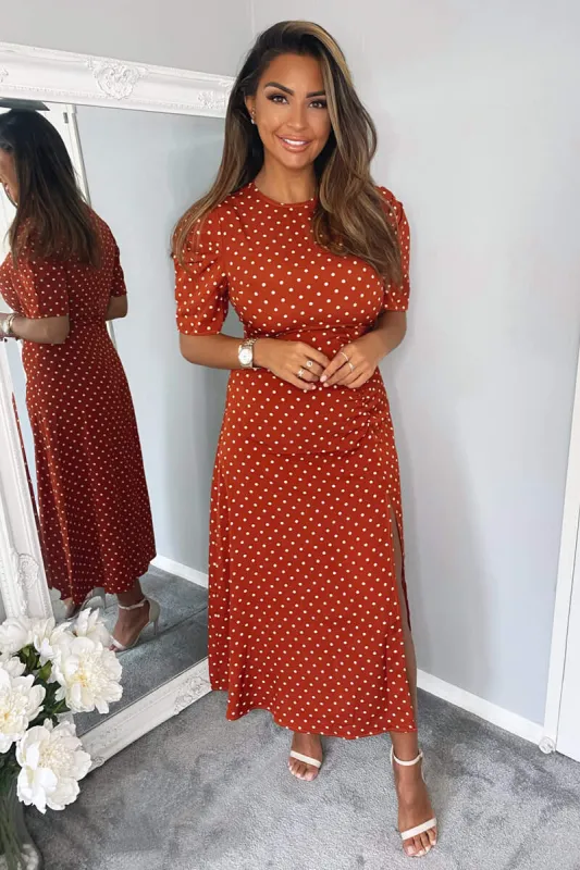 Rust Polka Dot Ruched Sleeve Midi Dress sold by AX Paris