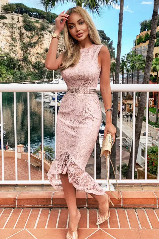 Nude Fishtail Hem Lace Midi Dress sold by AX Paris