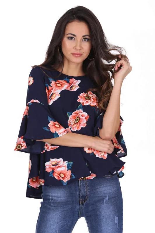Navy Floral Frilled Sleeved Top sold by AX Paris
