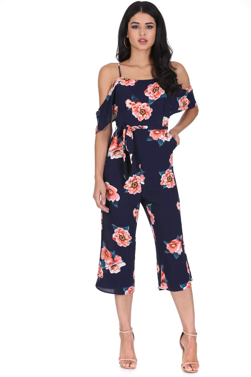 Navy Floral Culotte Jumpsuit sold by AX Paris
