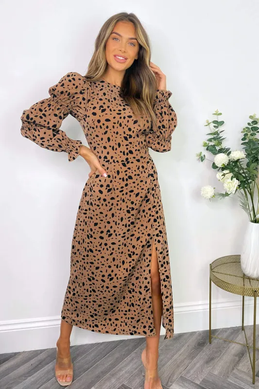 Camel Spot Print Elasticated Sleeve Midi Dress sold by AX Paris