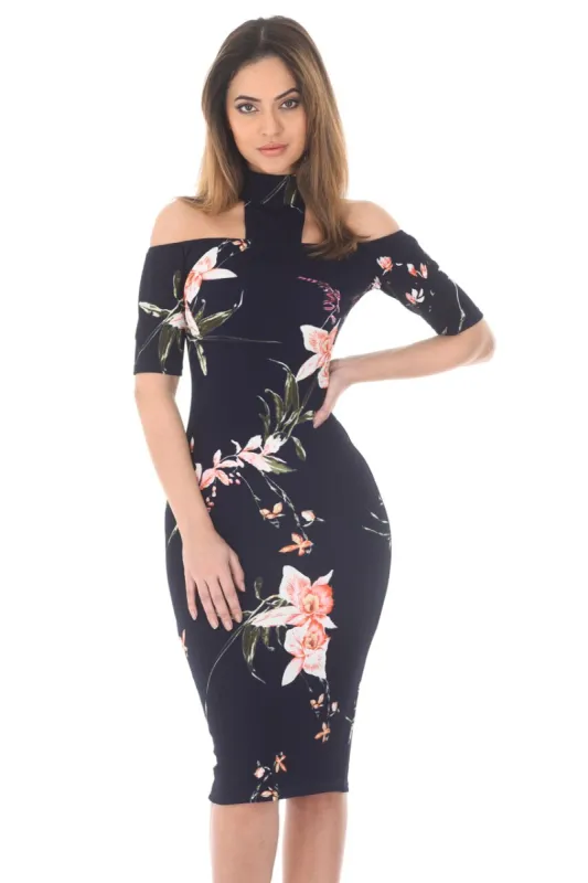 Navy Choker T-bar Floral Printed Midi Dress sold by AX Paris
