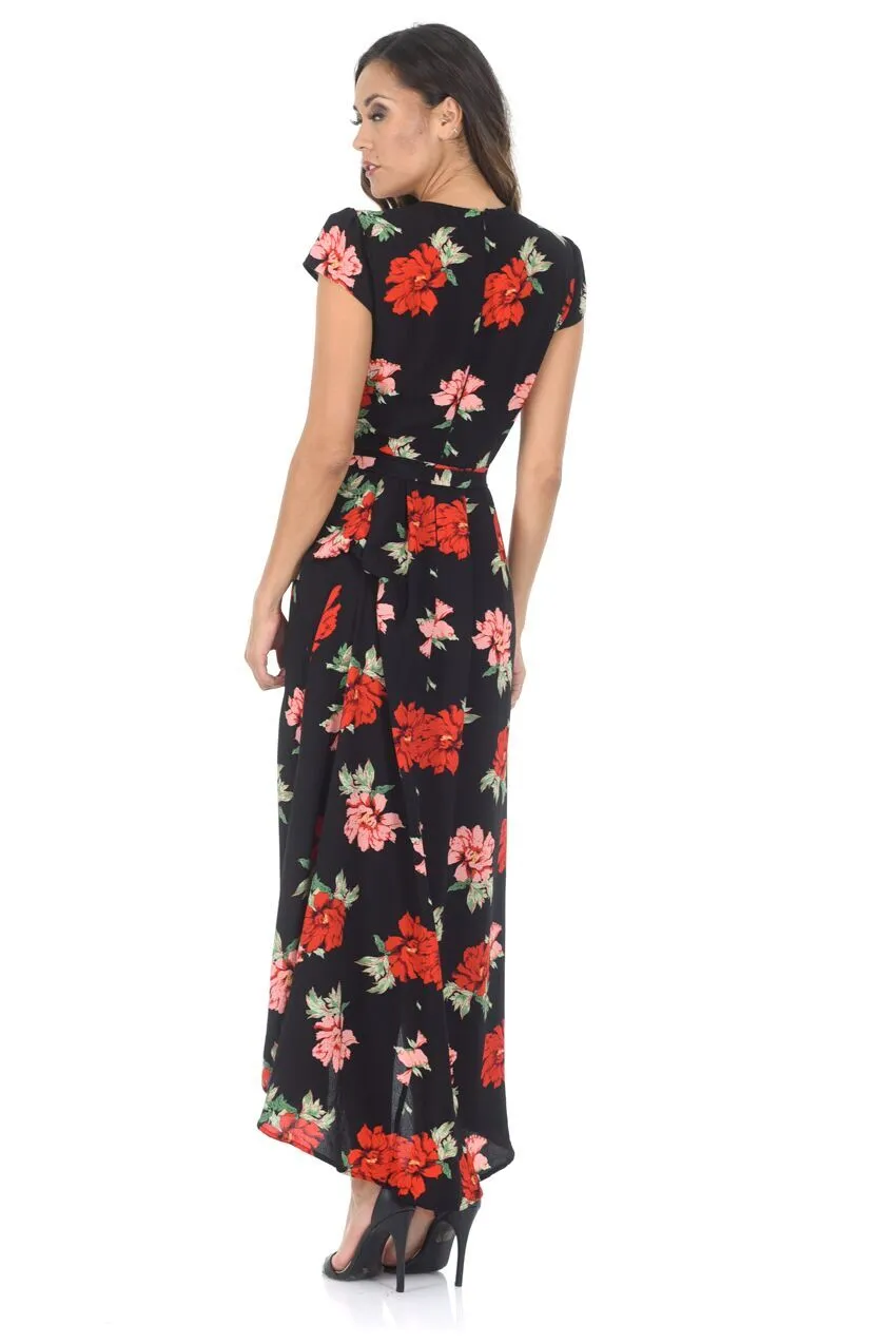 Black Floral Capped Sleeved Waterfall Dress sold by AX Paris product image thumbnail 5