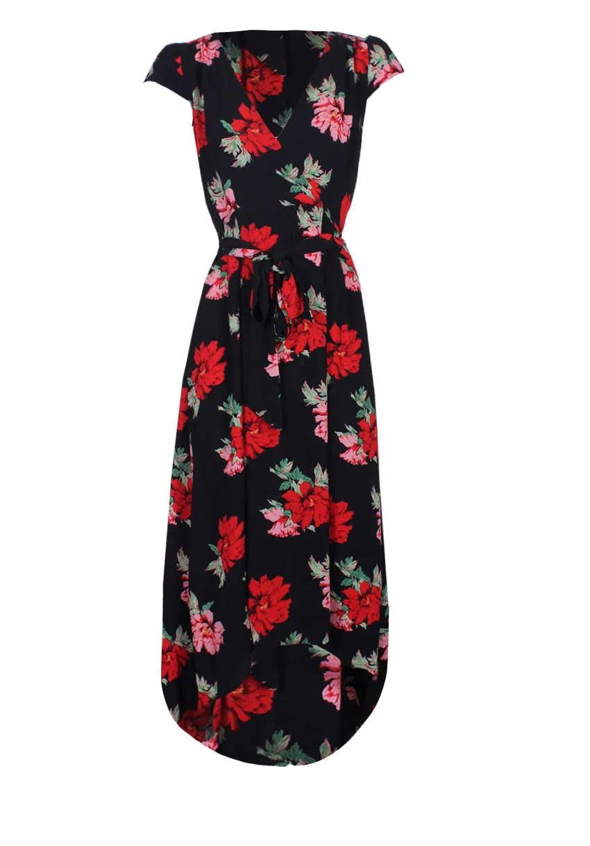 Black Floral Capped Sleeved Waterfall Dress sold by AX Paris product image thumbnail 2