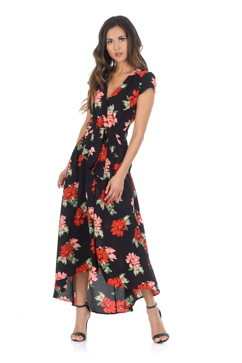 Black Floral Capped Sleeved Waterfall Dress sold by AX Paris product image thumbnail 3