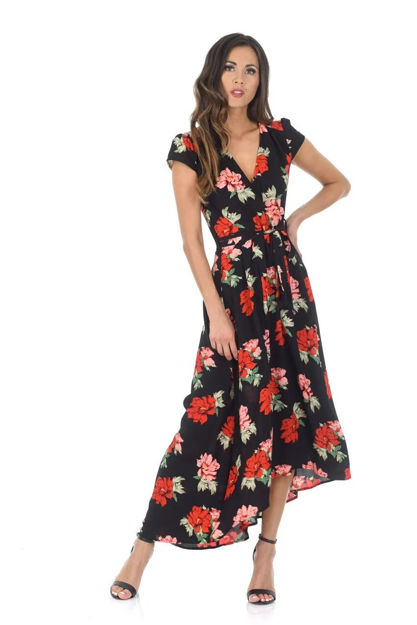 Black Floral Capped Sleeved Waterfall Dress sold by AX Paris product image thumbnail 4