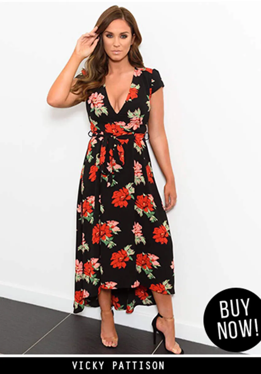 Black Floral Capped Sleeved Waterfall Dress sold by AX Paris