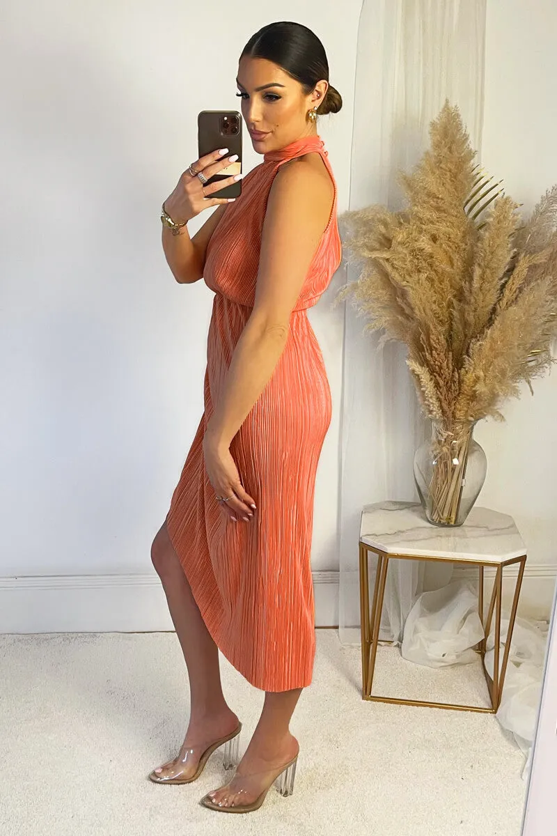Peach Halter Neck Plisse Gathered Midi Dress sold by AX Paris product image thumbnail 4