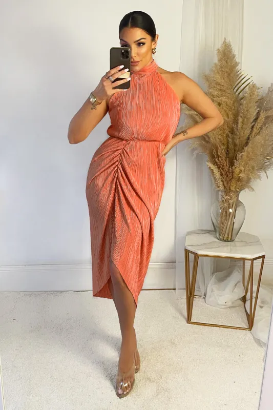 Peach Halter Neck Plisse Gathered Midi Dress sold by AX Paris