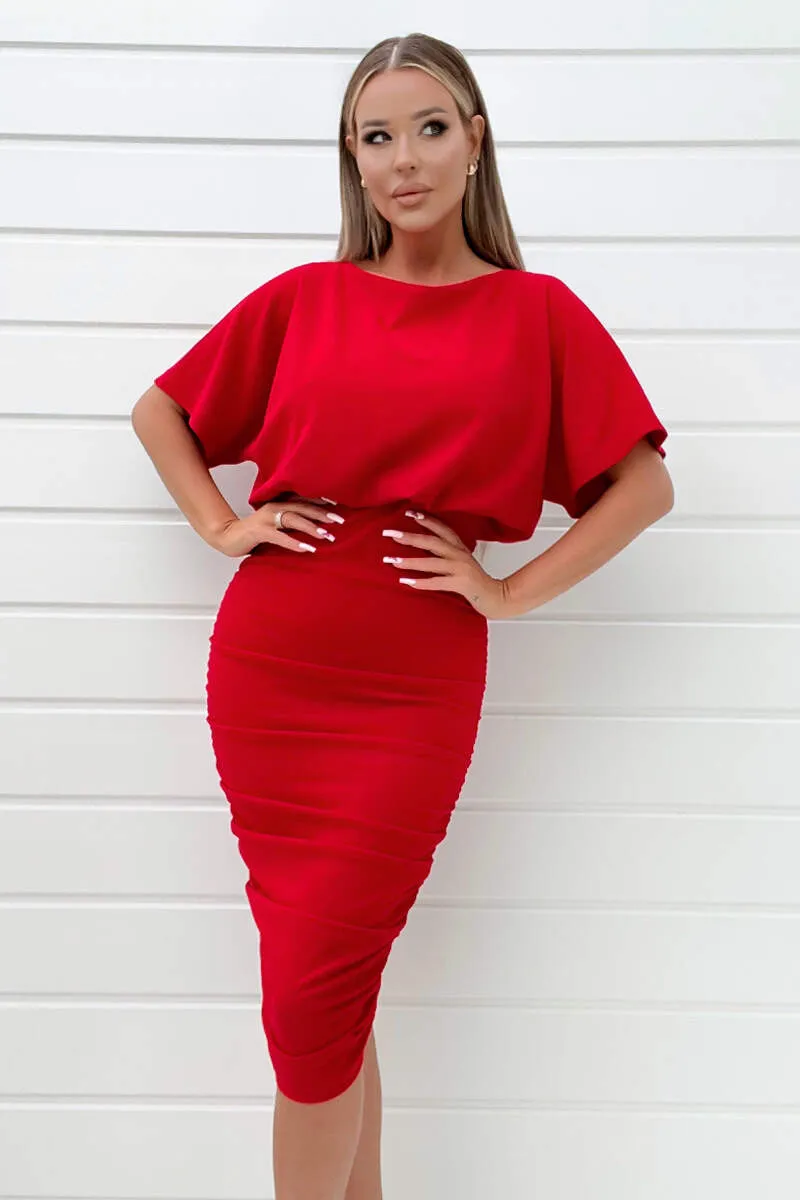 Red Short Sleeve Side Ruched Midi Dress sold by AX Paris product image thumbnail 2