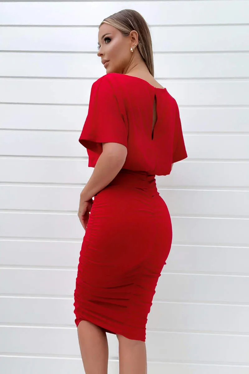 Red Short Sleeve Side Ruched Midi Dress sold by AX Paris product image thumbnail 4