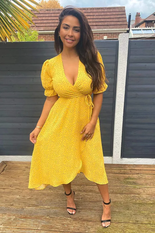 Yellow Polka Dot Wrap Midi Dress sold by AX Paris