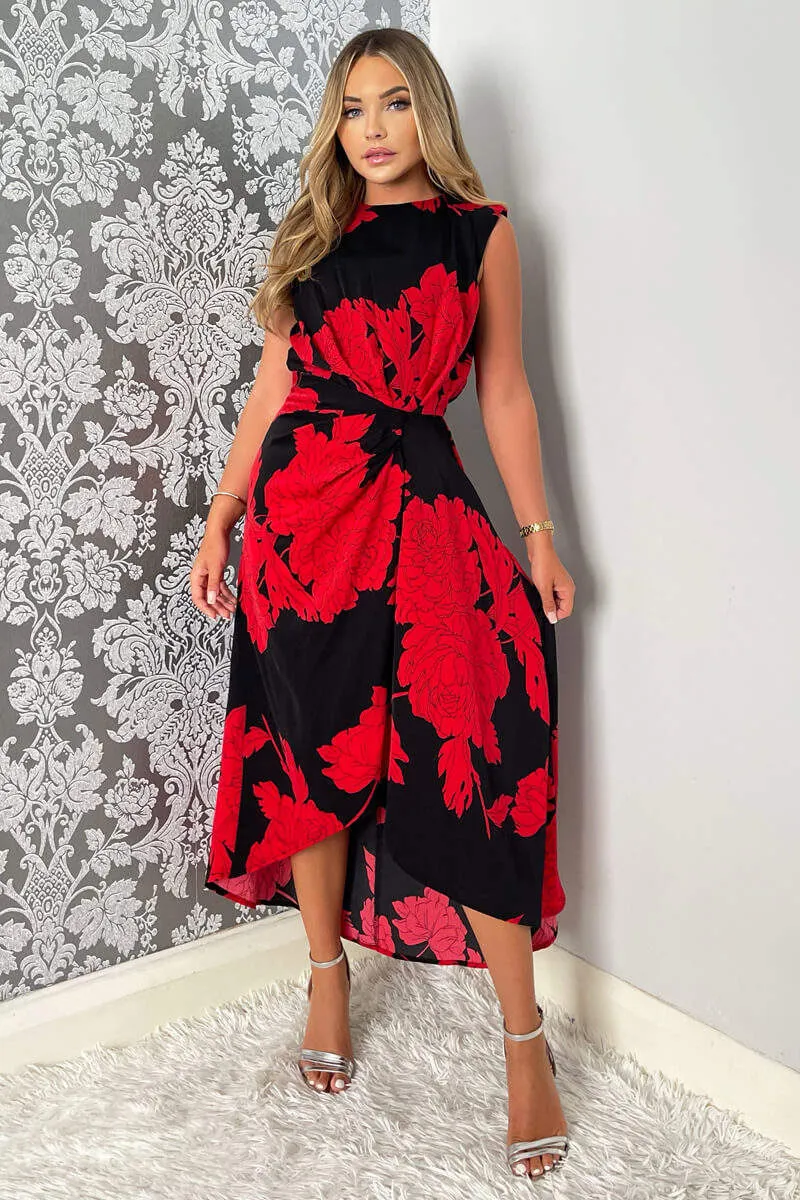 Black And Red Floral Print Wrap Midi Dress sold by AX Paris
