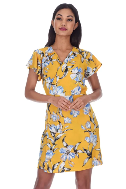 Yellow Floral Wrap Dress With Ruffled Sleeves sold by AX Paris