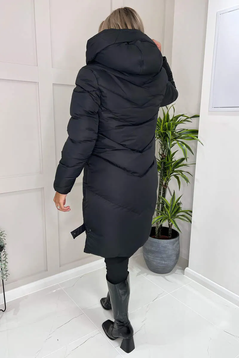 Black Hooded Long Line Puffer Coat sold by AX Paris product image thumbnail 4
