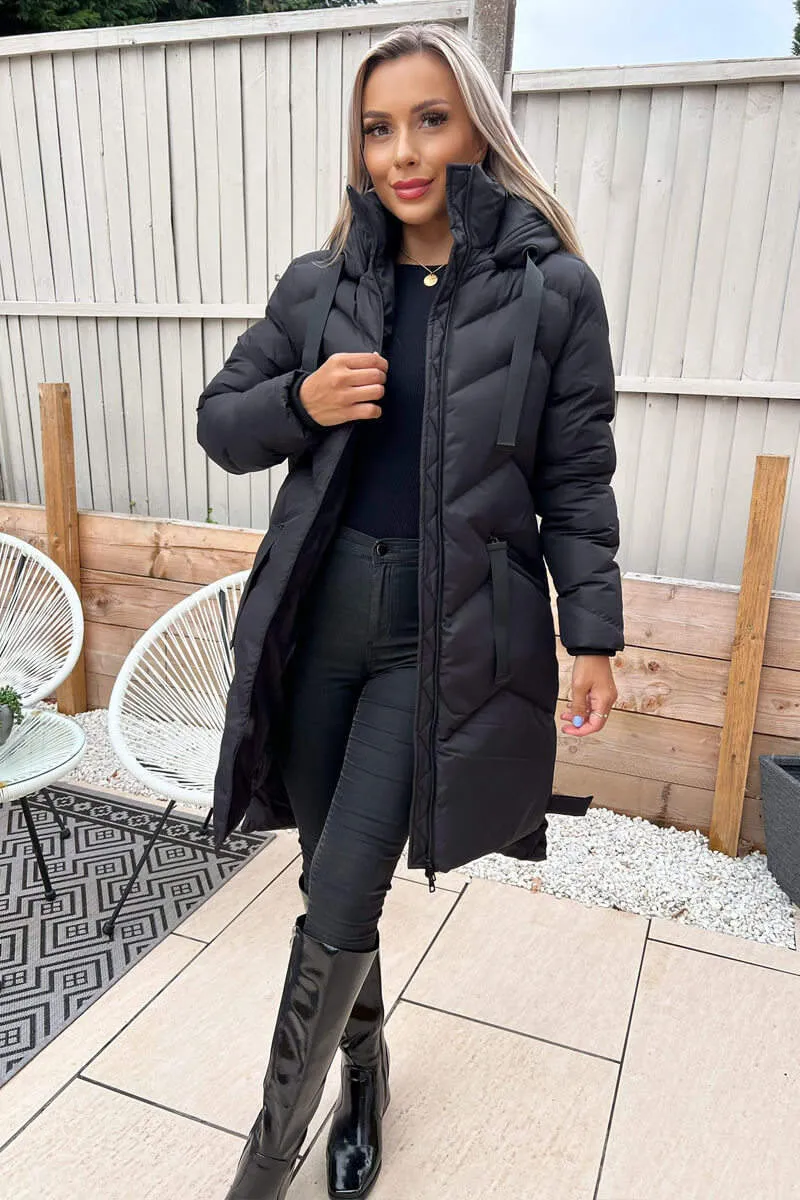 Black Hooded Long Line Puffer Coat sold by AX Paris