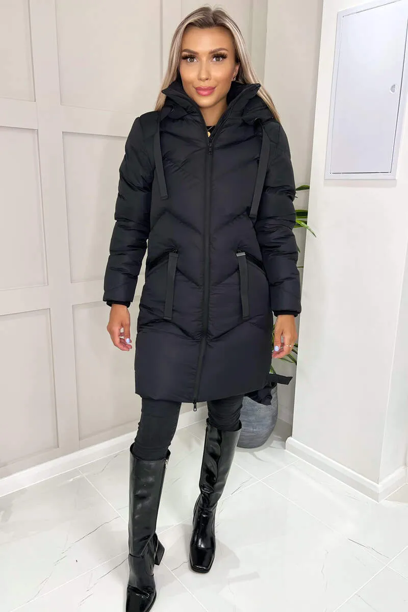 Black Hooded Long Line Puffer Coat sold by AX Paris product image thumbnail 2