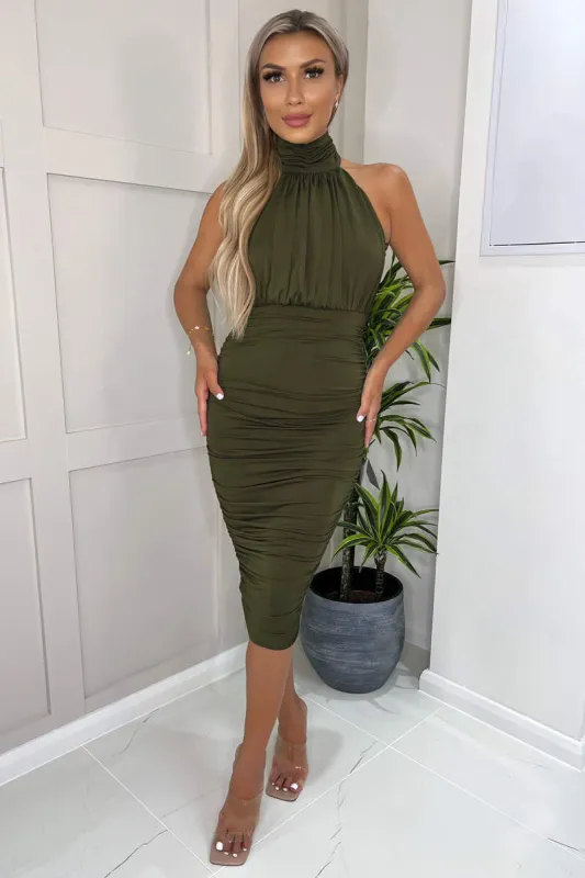 Olive Ruched High Neck Midi Dress sold by AX Paris