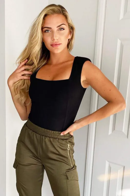 Black Padded Shoulder Sleeveless Bodysuit sold by AX Paris