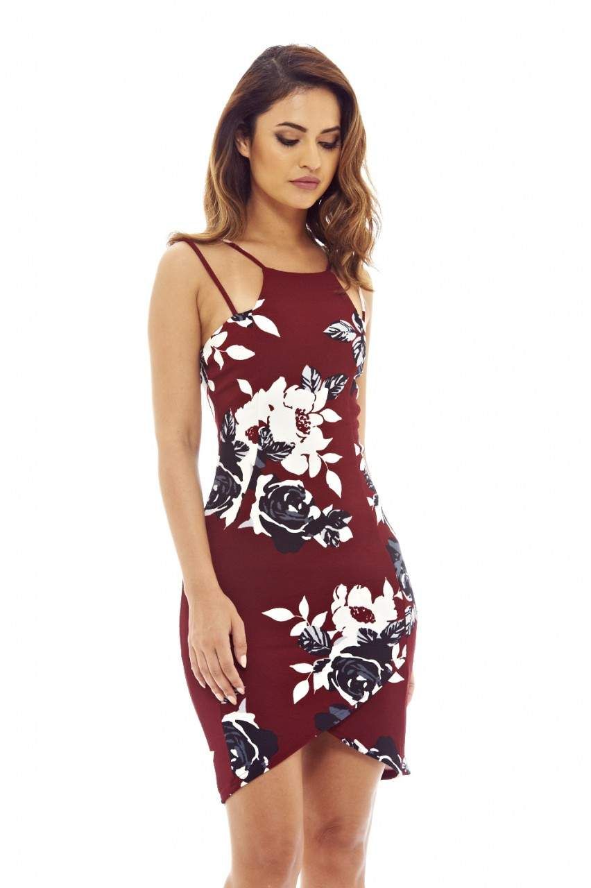 Burgundy Mini Dress with Floral Printed Detail sold by AX Paris