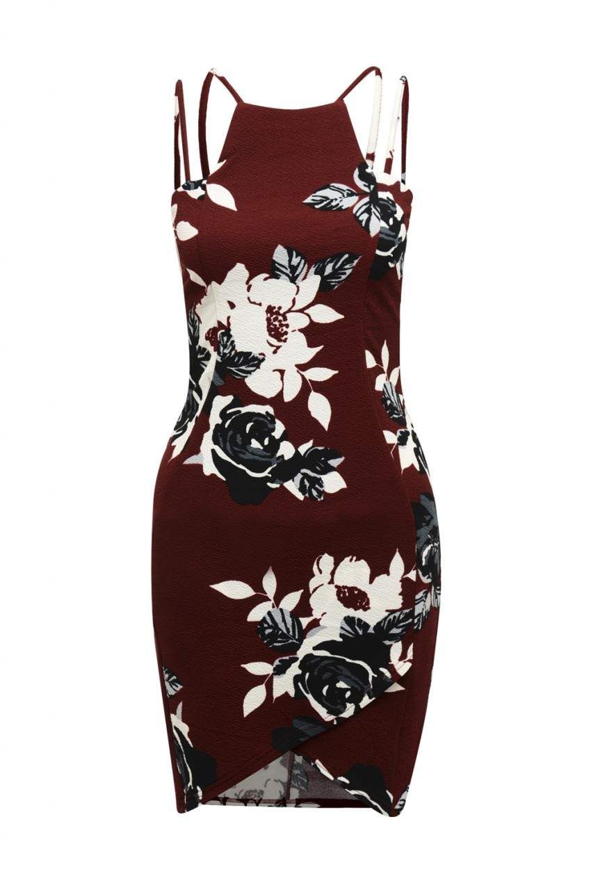 Burgundy Mini Dress with Floral Printed Detail sold by AX Paris product image thumbnail 5