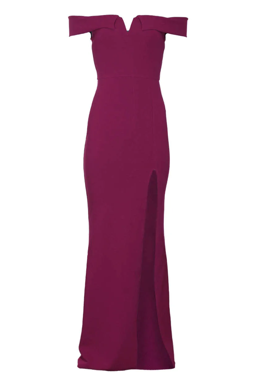 Plum V Front Bardot Side Split Maxi Dress sold by AX Paris product image thumbnail 4