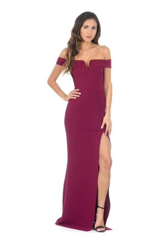 Plum V Front Bardot Side Split Maxi Dress sold by AX Paris