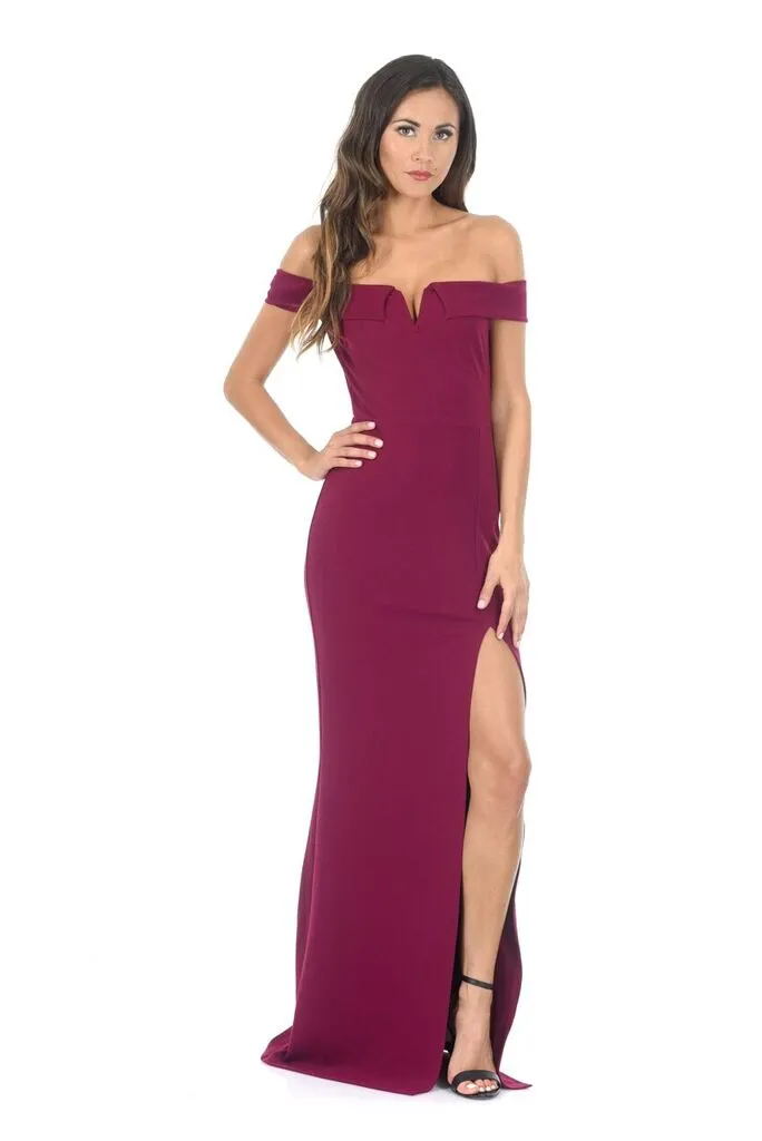 Plum V Front Bardot Side Split Maxi Dress sold by AX Paris