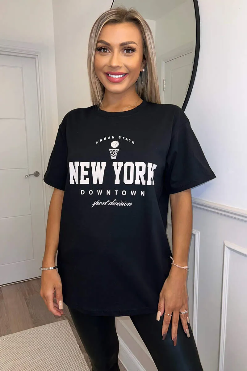 Black New York Slogan Oversized T-Shirt sold by AX Paris