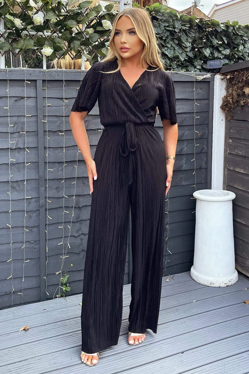 Black Plisse Wrap Top Jumpsuit sold by AX Paris