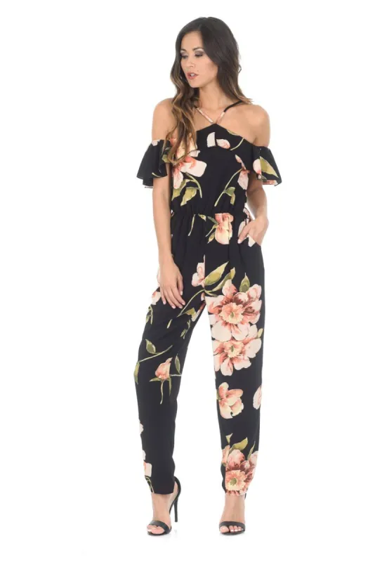 Black Cold Shoulder Floral Jumpsuit sold by AX Paris