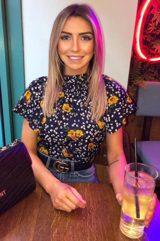 Navy Mixed Floral High Neck Top sold by AX Paris