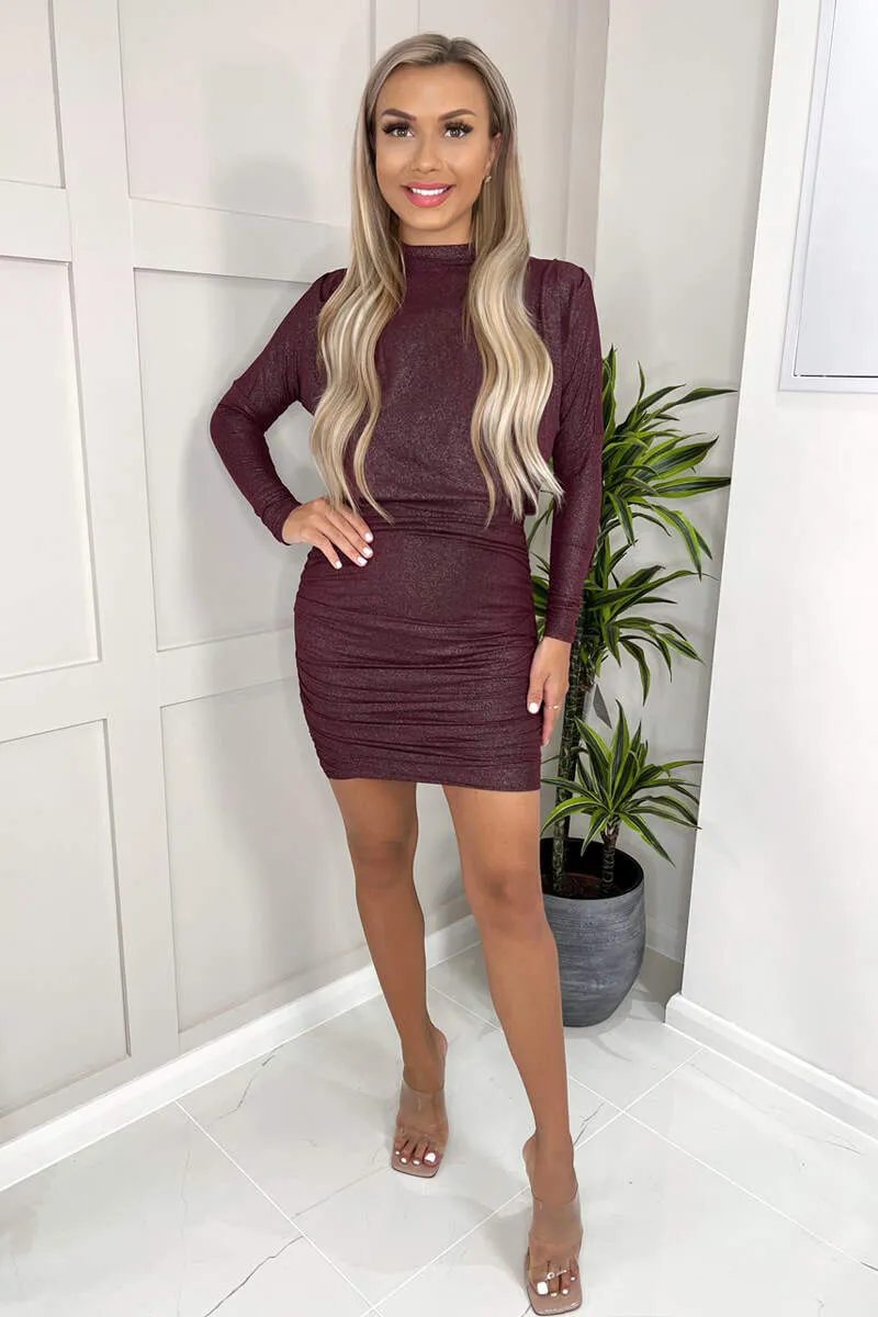 Plum Long Sleeve Ruched High Neck Shimmer Bodycon Mini Dress sold by AX Paris