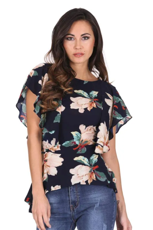 Navy Bold Floral Frill Detail Top sold by AX Paris
