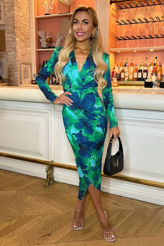 Green Printed Long Sleeve Wrap Midi Dress sold by AX Paris